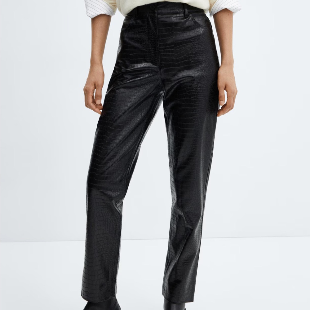 Mango Black Animal Print Leather Straight Leg Pants